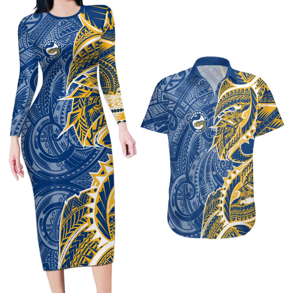 Parramatta Eels Couples Matching Long Sleeve Bodycon Dress and Hawaiian Shirt Polynesian Tribal Tattoo Pacific Sport Art
