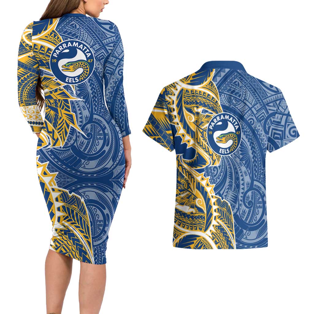Parramatta Eels Couples Matching Long Sleeve Bodycon Dress and Hawaiian Shirt Polynesian Tribal Tattoo Pacific Sport Art