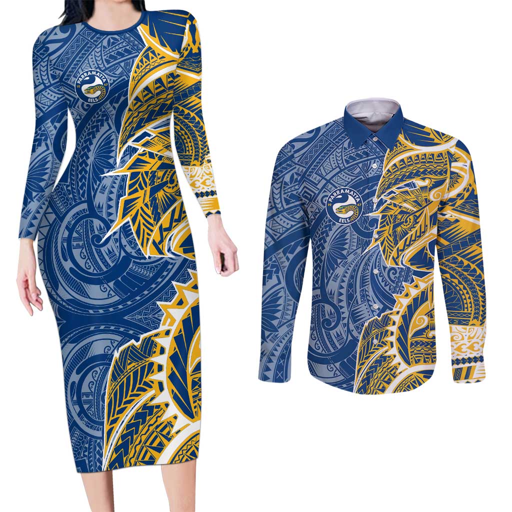 Parramatta Eels Couples Matching Long Sleeve Bodycon Dress and Long Sleeve Button Shirt Polynesian Tribal Tattoo Pacific Sport Art