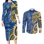 Parramatta Eels Couples Matching Long Sleeve Bodycon Dress and Long Sleeve Button Shirt Polynesian Tribal Tattoo Pacific Sport Art