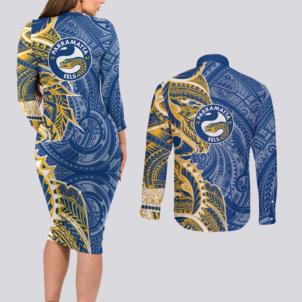 Parramatta Eels Couples Matching Long Sleeve Bodycon Dress and Long Sleeve Button Shirt Polynesian Tribal Tattoo Pacific Sport Art