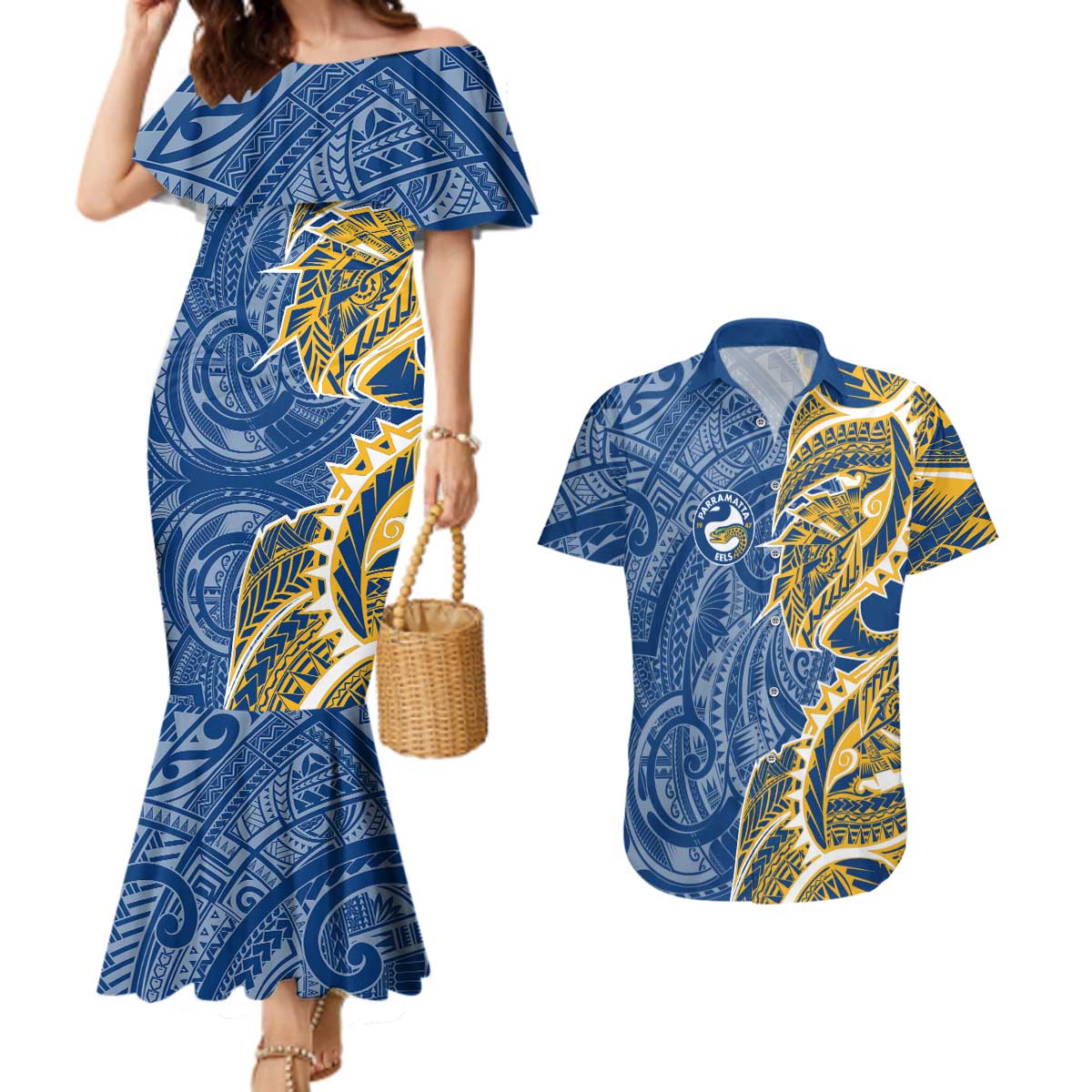 Parramatta Eels Couples Matching Mermaid Dress and Hawaiian Shirt Polynesian Tribal Tattoo Pacific Sport Art