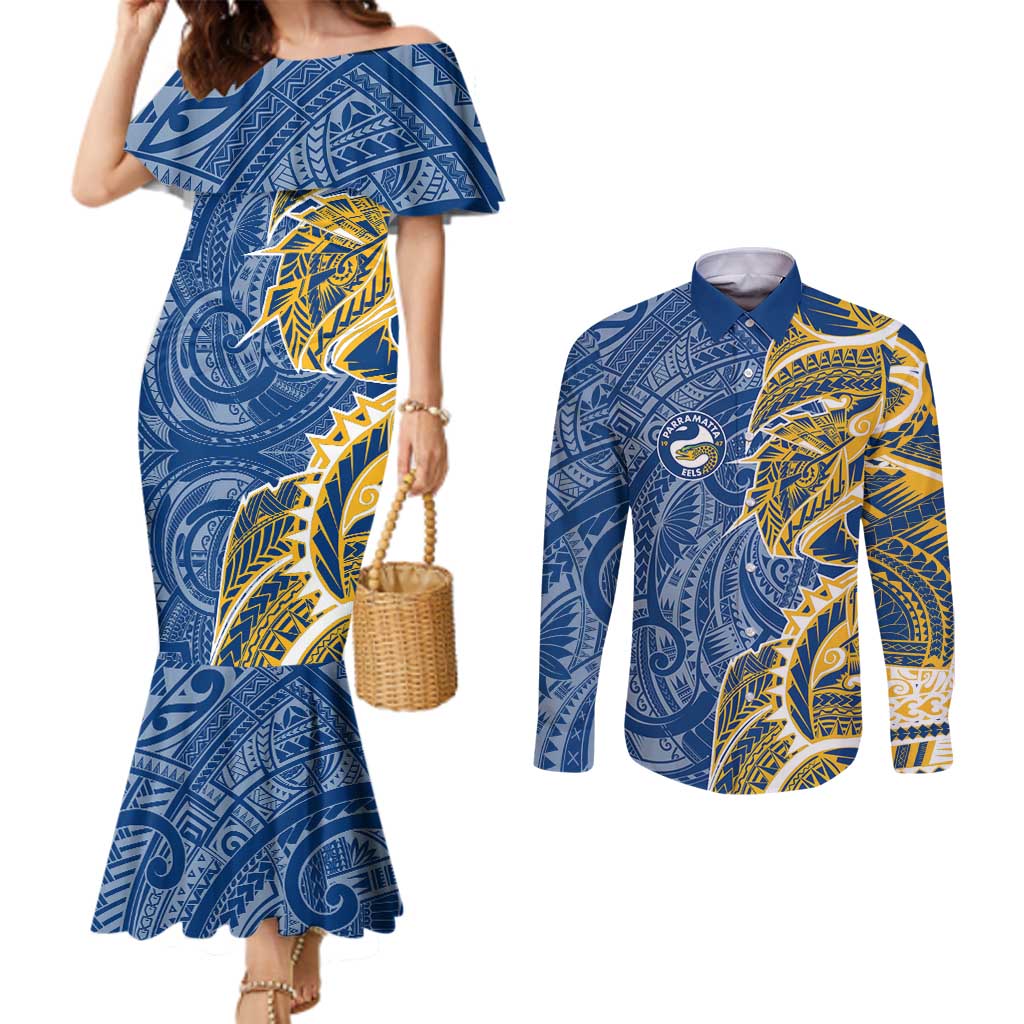 Parramatta Eels Couples Matching Mermaid Dress and Long Sleeve Button Shirt Polynesian Tribal Tattoo Pacific Sport Art