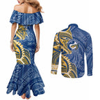 Parramatta Eels Couples Matching Mermaid Dress and Long Sleeve Button Shirt Polynesian Tribal Tattoo Pacific Sport Art