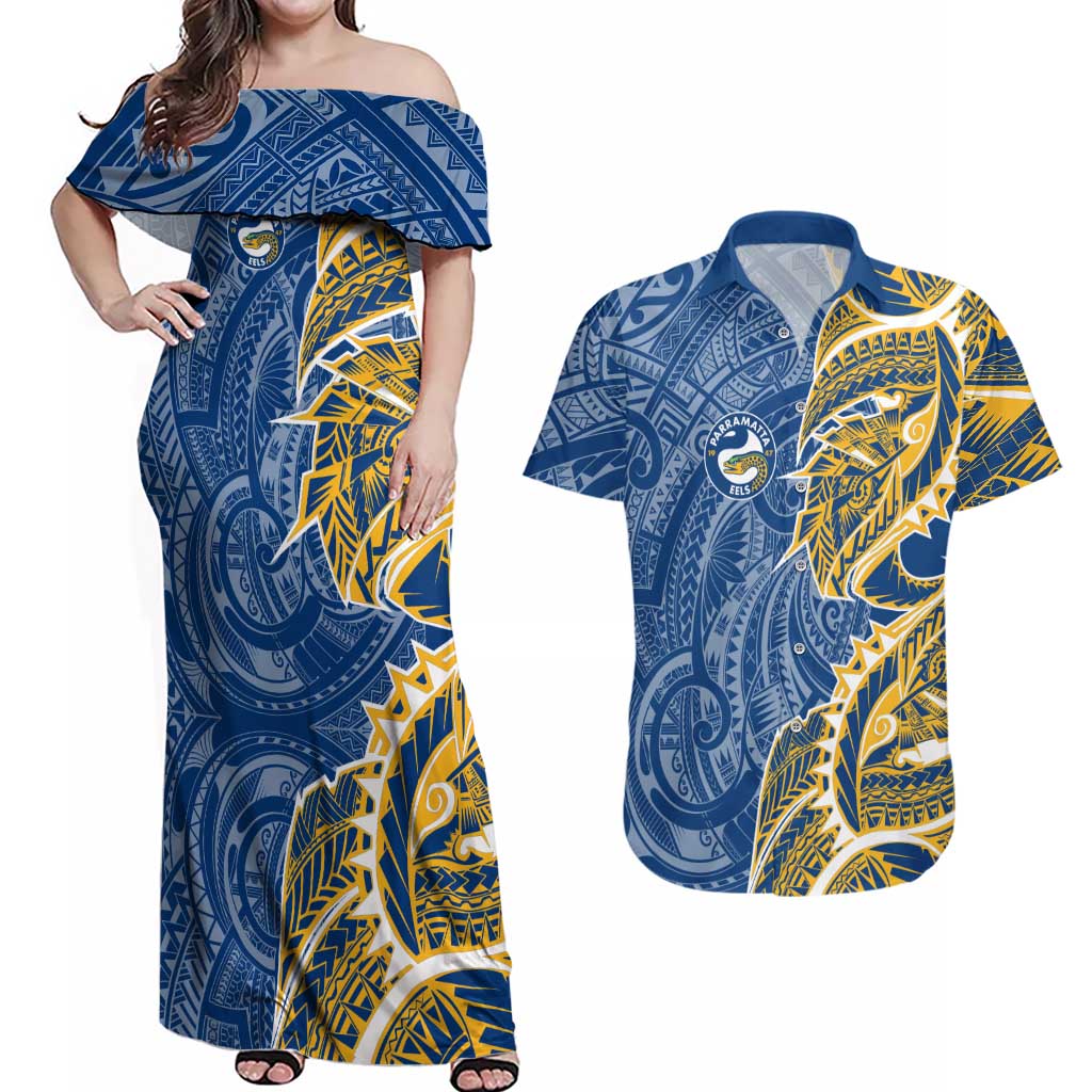Parramatta Eels Couples Matching Off Shoulder Maxi Dress and Hawaiian Shirt Polynesian Tribal Tattoo Pacific Sport Art
