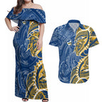Parramatta Eels Couples Matching Off Shoulder Maxi Dress and Hawaiian Shirt Polynesian Tribal Tattoo Pacific Sport Art