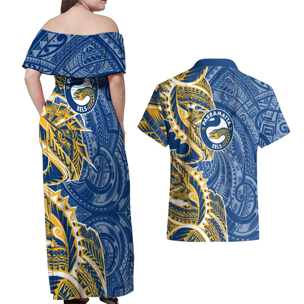 Parramatta Eels Couples Matching Off Shoulder Maxi Dress and Hawaiian Shirt Polynesian Tribal Tattoo Pacific Sport Art