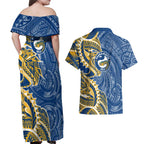 Parramatta Eels Couples Matching Off Shoulder Maxi Dress and Hawaiian Shirt Polynesian Tribal Tattoo Pacific Sport Art