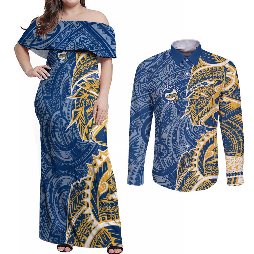 Parramatta Eels Couples Matching Off Shoulder Maxi Dress and Long Sleeve Button Shirt Polynesian Tribal Tattoo Pacific Sport Art