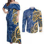 Parramatta Eels Couples Matching Off Shoulder Maxi Dress and Long Sleeve Button Shirt Polynesian Tribal Tattoo Pacific Sport Art
