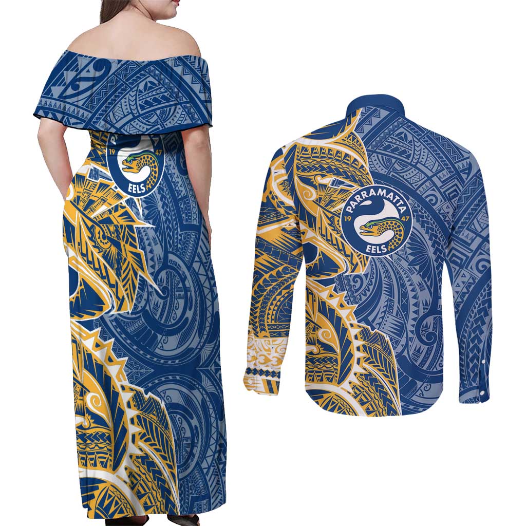 Parramatta Eels Couples Matching Off Shoulder Maxi Dress and Long Sleeve Button Shirt Polynesian Tribal Tattoo Pacific Sport Art