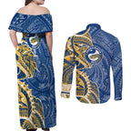 Parramatta Eels Couples Matching Off Shoulder Maxi Dress and Long Sleeve Button Shirt Polynesian Tribal Tattoo Pacific Sport Art