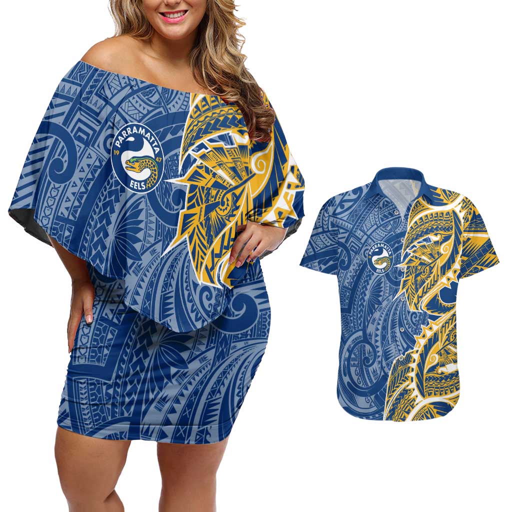 Parramatta Eels Couples Matching Off Shoulder Short Dress and Hawaiian Shirt Polynesian Tribal Tattoo Pacific Sport Art