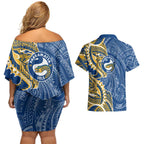 Parramatta Eels Couples Matching Off Shoulder Short Dress and Hawaiian Shirt Polynesian Tribal Tattoo Pacific Sport Art