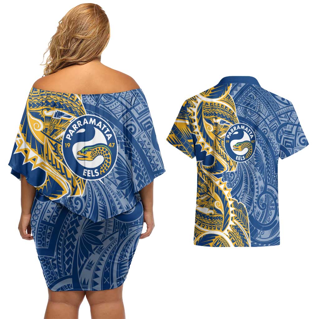 Parramatta Eels Couples Matching Off Shoulder Short Dress and Hawaiian Shirt Polynesian Tribal Tattoo Pacific Sport Art