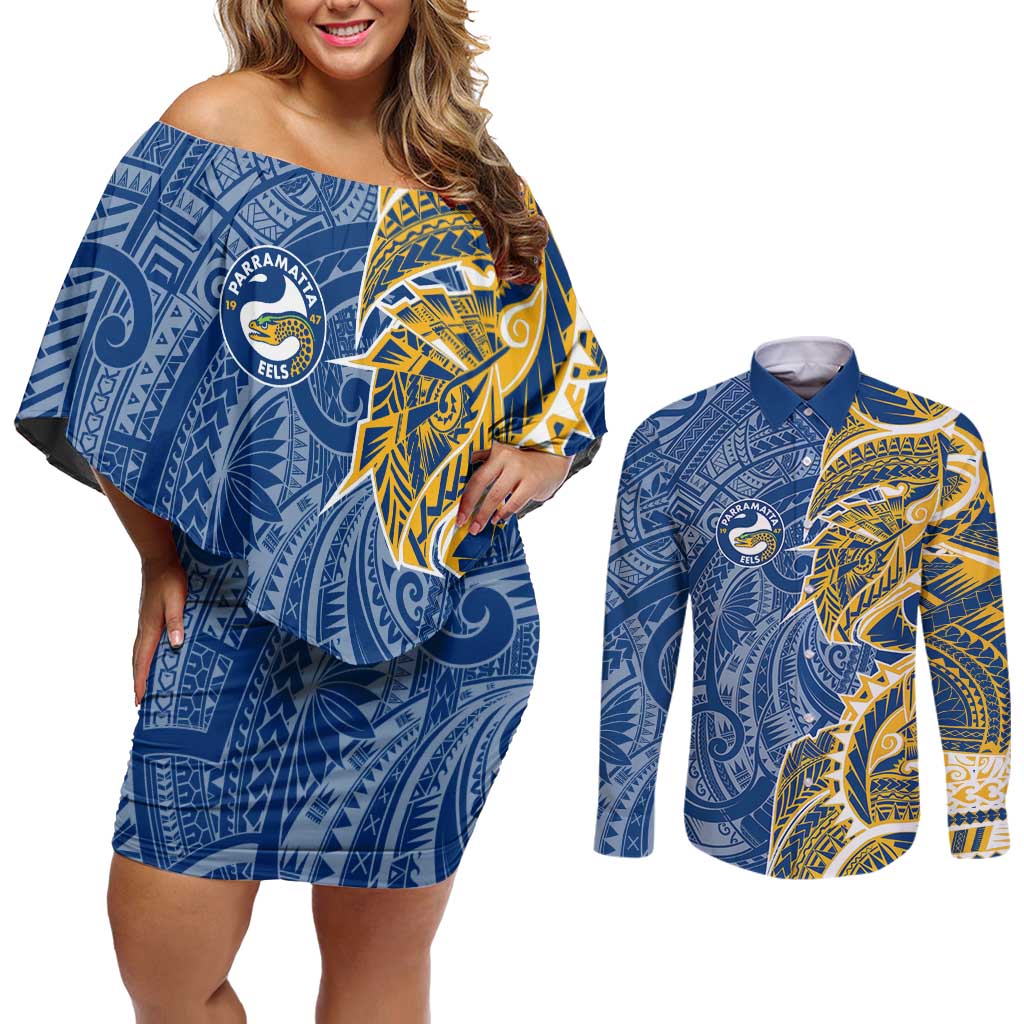 Parramatta Eels Couples Matching Off Shoulder Short Dress and Long Sleeve Button Shirt Polynesian Tribal Tattoo Pacific Sport Art