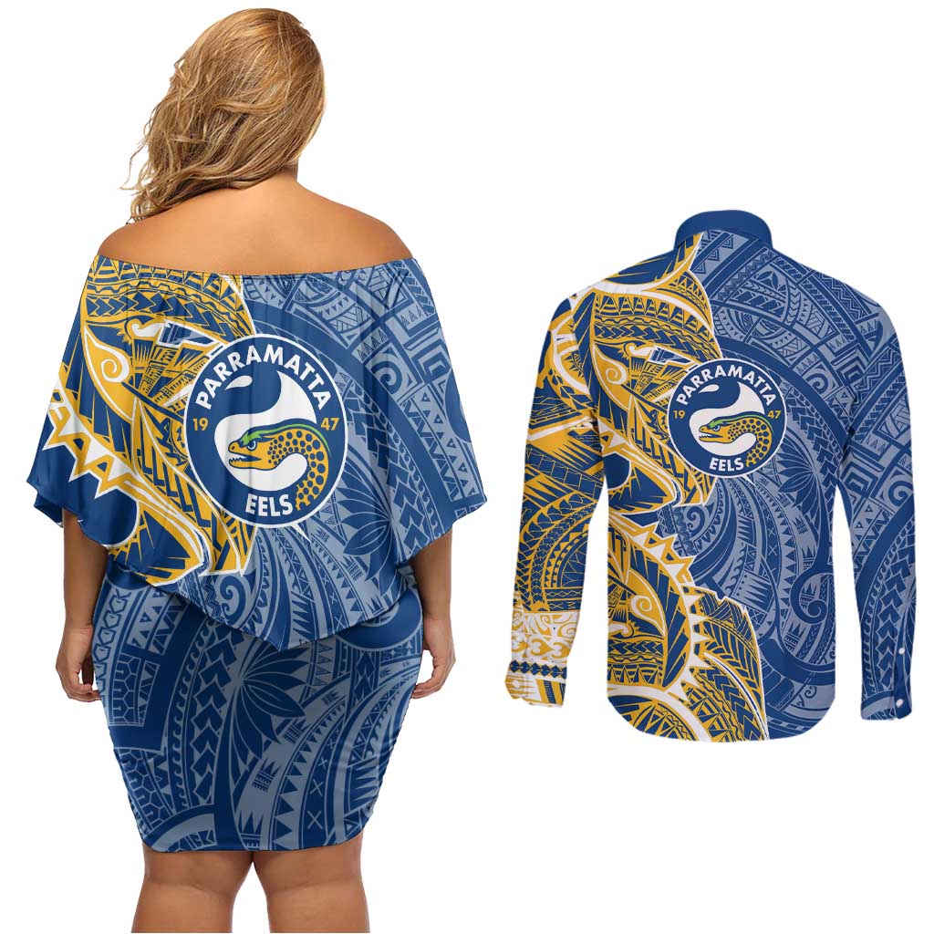 Parramatta Eels Couples Matching Off Shoulder Short Dress and Long Sleeve Button Shirt Polynesian Tribal Tattoo Pacific Sport Art