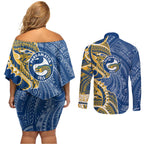 Parramatta Eels Couples Matching Off Shoulder Short Dress and Long Sleeve Button Shirt Polynesian Tribal Tattoo Pacific Sport Art