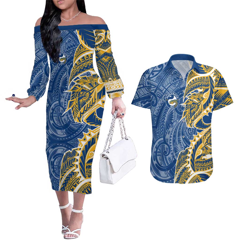 Parramatta Eels Couples Matching Off The Shoulder Long Sleeve Dress and Hawaiian Shirt Polynesian Tribal Tattoo Pacific Sport Art