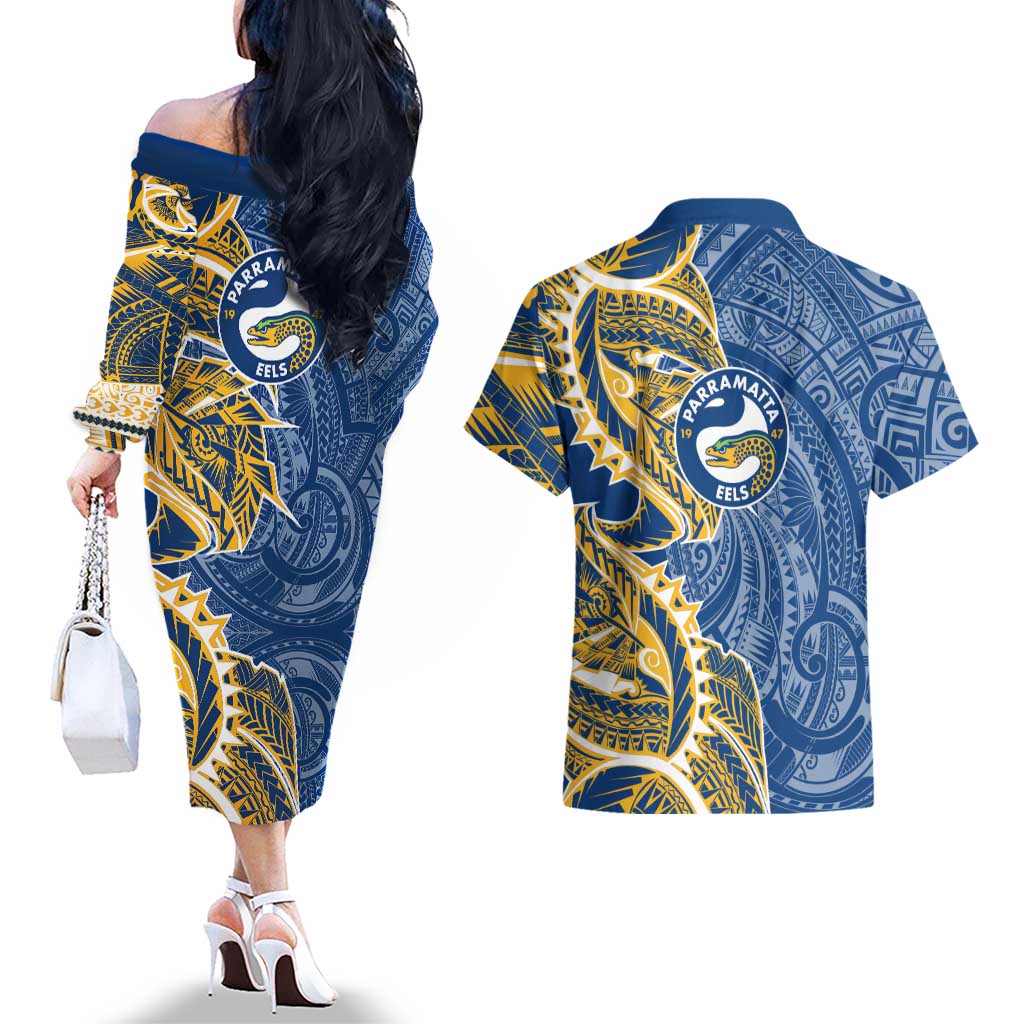 Parramatta Eels Couples Matching Off The Shoulder Long Sleeve Dress and Hawaiian Shirt Polynesian Tribal Tattoo Pacific Sport Art