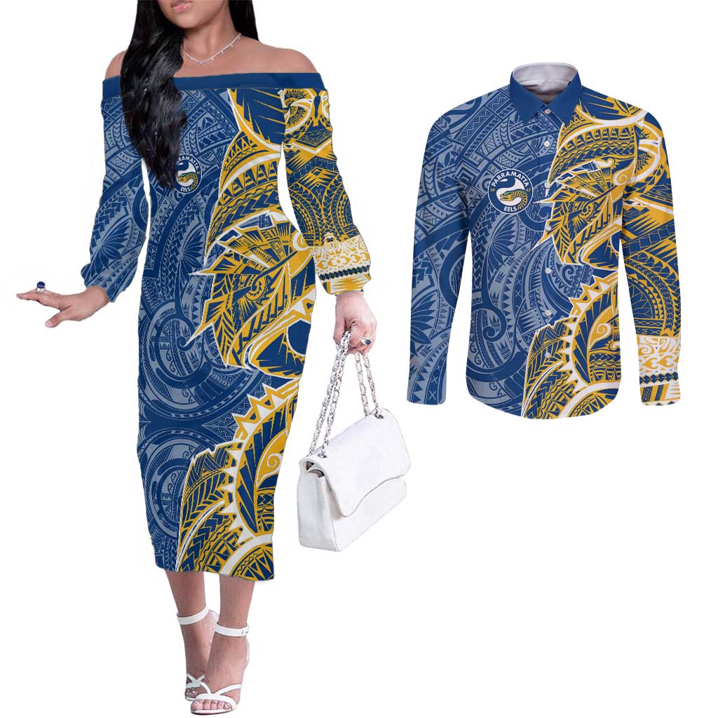 Parramatta Eels Couples Matching Off The Shoulder Long Sleeve Dress and Long Sleeve Button Shirt Polynesian Tribal Tattoo Pacific Sport Art