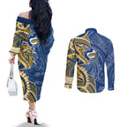 Parramatta Eels Couples Matching Off The Shoulder Long Sleeve Dress and Long Sleeve Button Shirt Polynesian Tribal Tattoo Pacific Sport Art