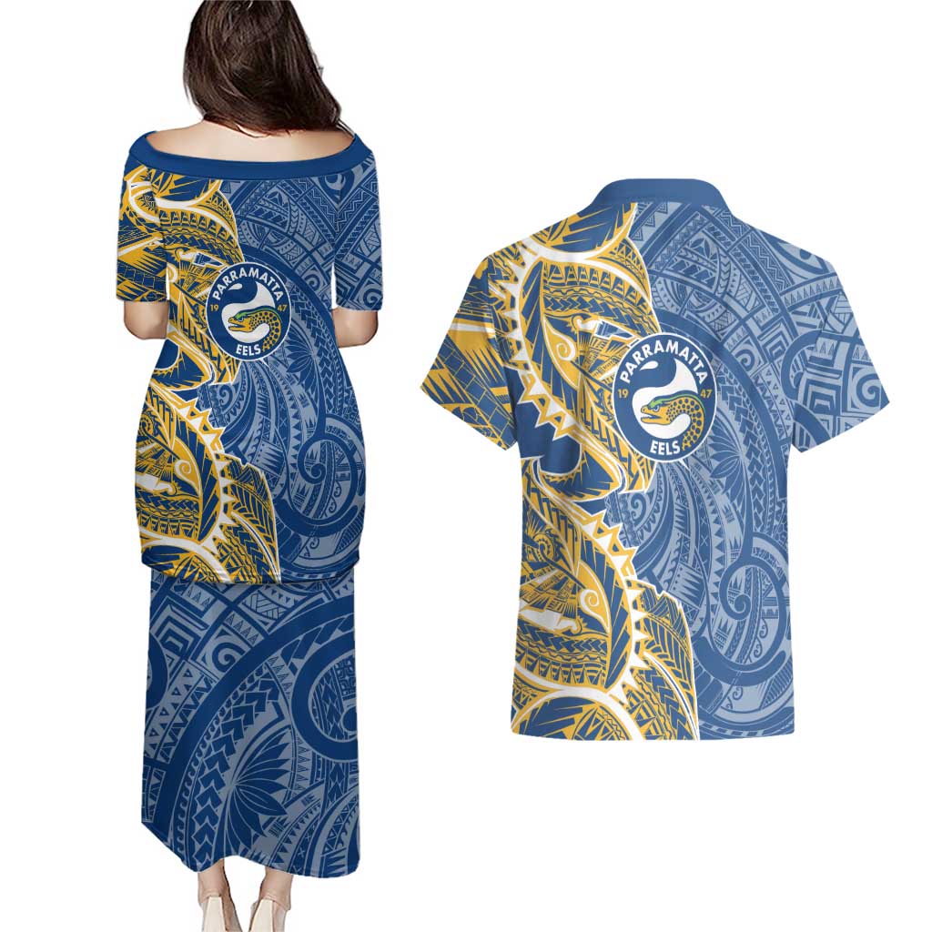 Parramatta Eels Couples Matching Puletasi and Hawaiian Shirt Polynesian Tribal Tattoo Pacific Sport Art