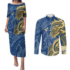 Parramatta Eels Couples Matching Puletasi and Long Sleeve Button Shirt Polynesian Tribal Tattoo Pacific Sport Art
