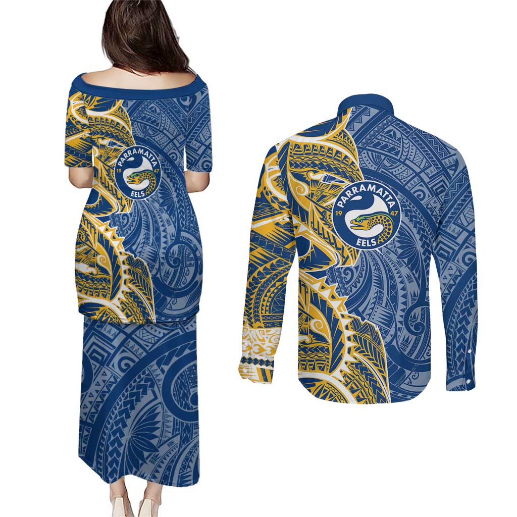 Parramatta Eels Couples Matching Puletasi and Long Sleeve Button Shirt Polynesian Tribal Tattoo Pacific Sport Art