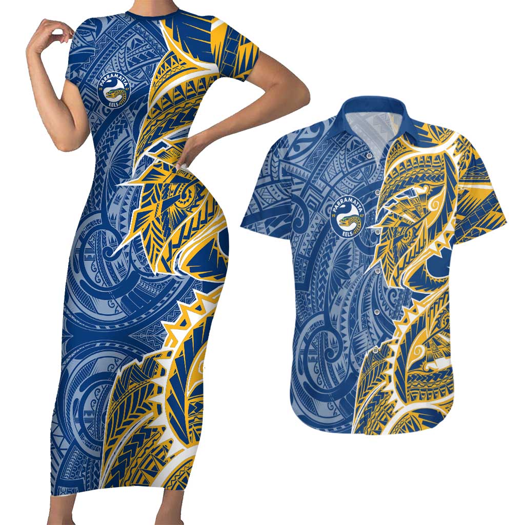 Parramatta Eels Couples Matching Short Sleeve Bodycon Dress and Hawaiian Shirt Polynesian Tribal Tattoo Pacific Sport Art
