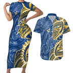 Parramatta Eels Couples Matching Short Sleeve Bodycon Dress and Hawaiian Shirt Polynesian Tribal Tattoo Pacific Sport Art