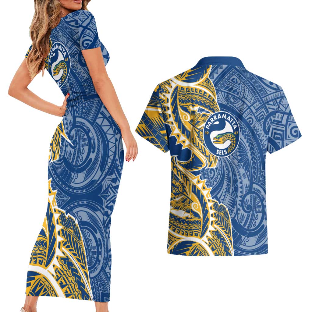 Parramatta Eels Couples Matching Short Sleeve Bodycon Dress and Hawaiian Shirt Polynesian Tribal Tattoo Pacific Sport Art