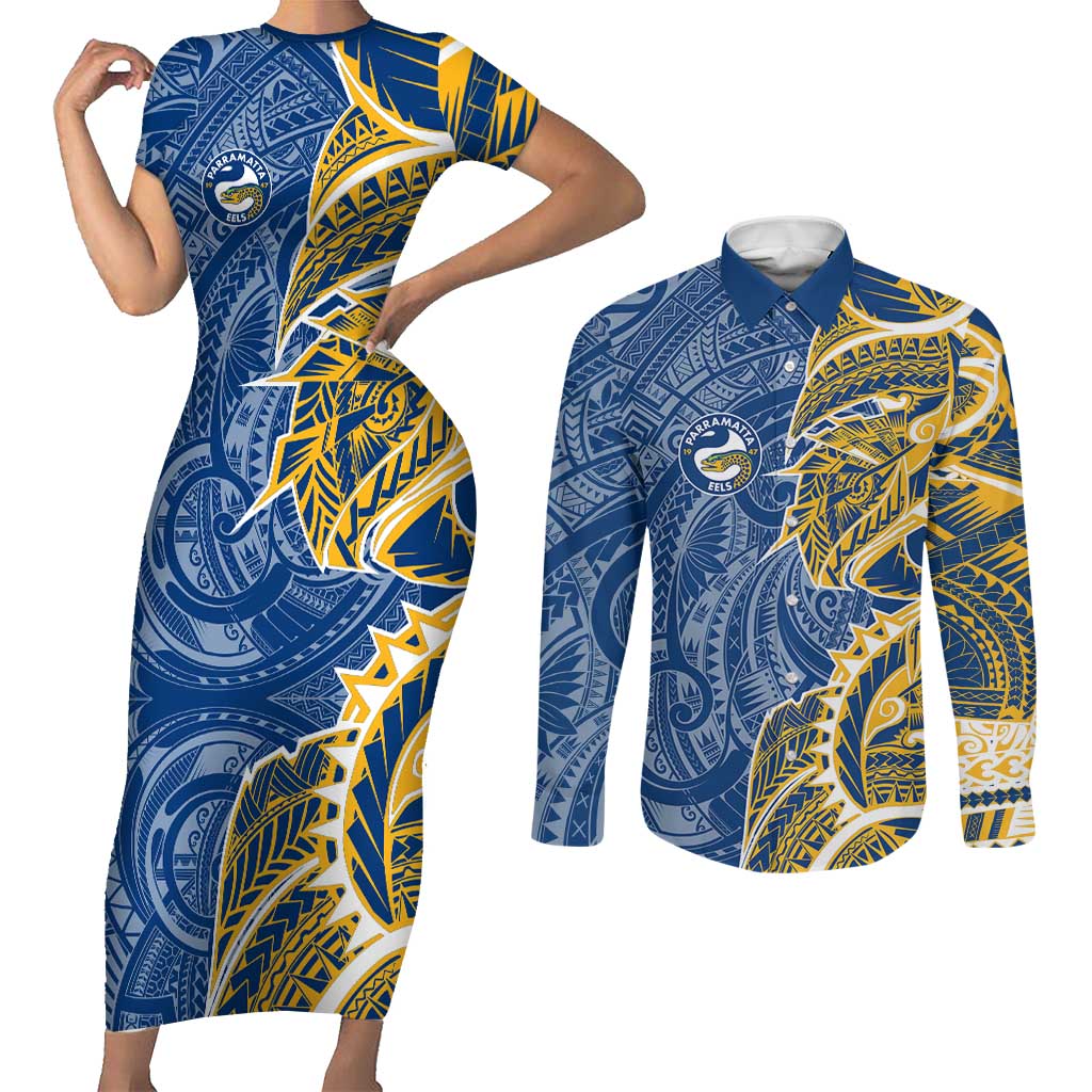 Parramatta Eels Couples Matching Short Sleeve Bodycon Dress and Long Sleeve Button Shirt Polynesian Tribal Tattoo Pacific Sport Art