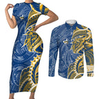Parramatta Eels Couples Matching Short Sleeve Bodycon Dress and Long Sleeve Button Shirt Polynesian Tribal Tattoo Pacific Sport Art