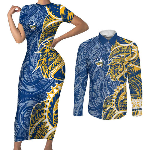 Parramatta Eels Couples Matching Short Sleeve Bodycon Dress and Long Sleeve Button Shirt Polynesian Tribal Tattoo Pacific Sport Art