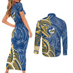 Parramatta Eels Couples Matching Short Sleeve Bodycon Dress and Long Sleeve Button Shirt Polynesian Tribal Tattoo Pacific Sport Art