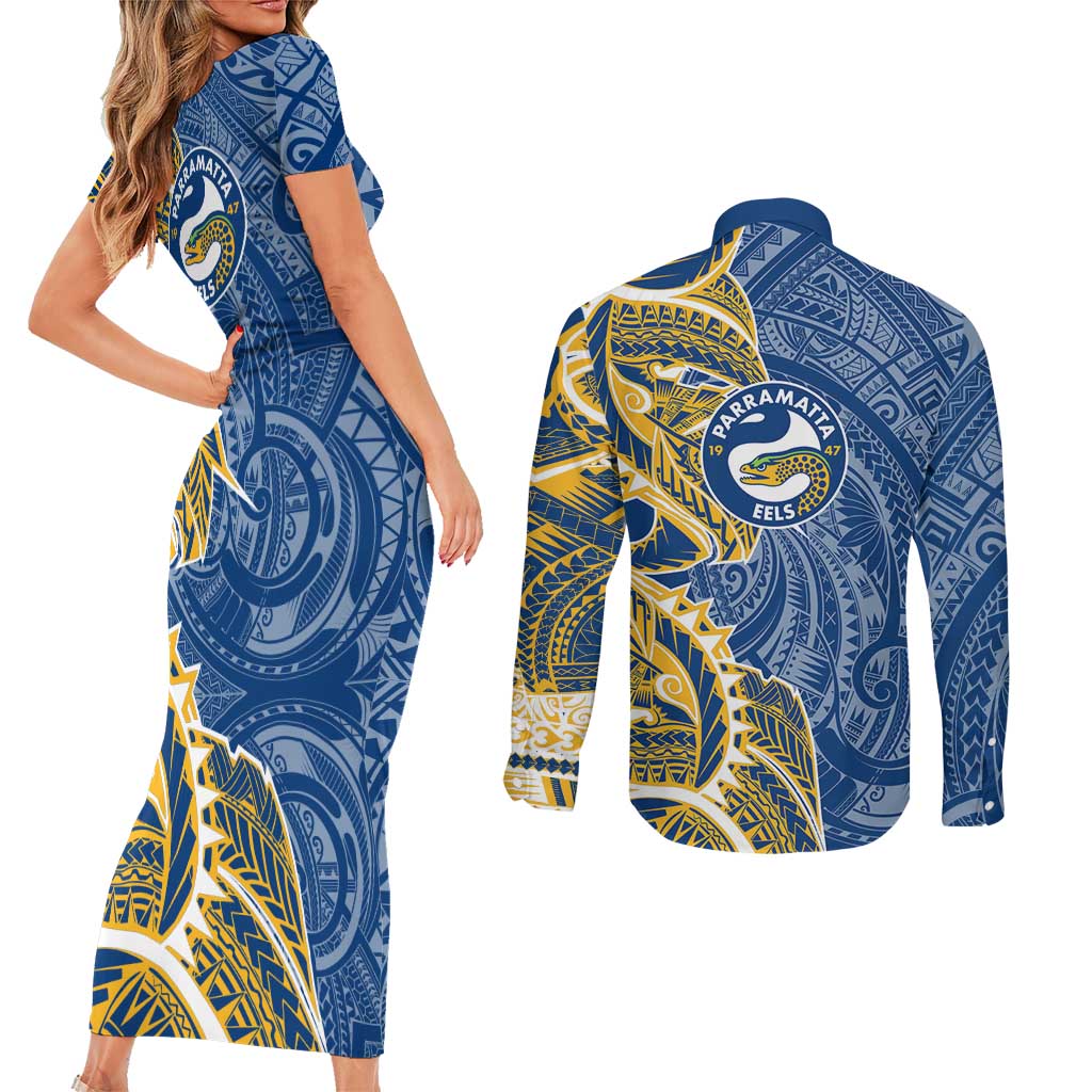 Parramatta Eels Couples Matching Short Sleeve Bodycon Dress and Long Sleeve Button Shirt Polynesian Tribal Tattoo Pacific Sport Art