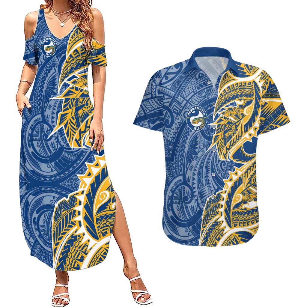 Parramatta Eels Couples Matching Summer Maxi Dress and Hawaiian Shirt Polynesian Tribal Tattoo Pacific Sport Art