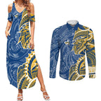 Parramatta Eels Couples Matching Summer Maxi Dress and Long Sleeve Button Shirt Polynesian Tribal Tattoo Pacific Sport Art