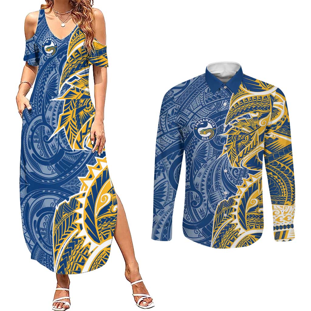 Parramatta Eels Couples Matching Summer Maxi Dress and Long Sleeve Button Shirt Polynesian Tribal Tattoo Pacific Sport Art