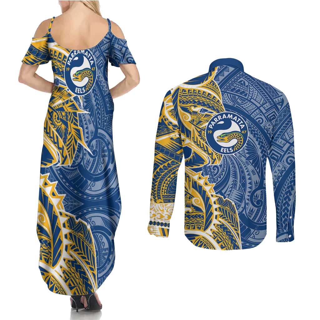 Parramatta Eels Couples Matching Summer Maxi Dress and Long Sleeve Button Shirt Polynesian Tribal Tattoo Pacific Sport Art