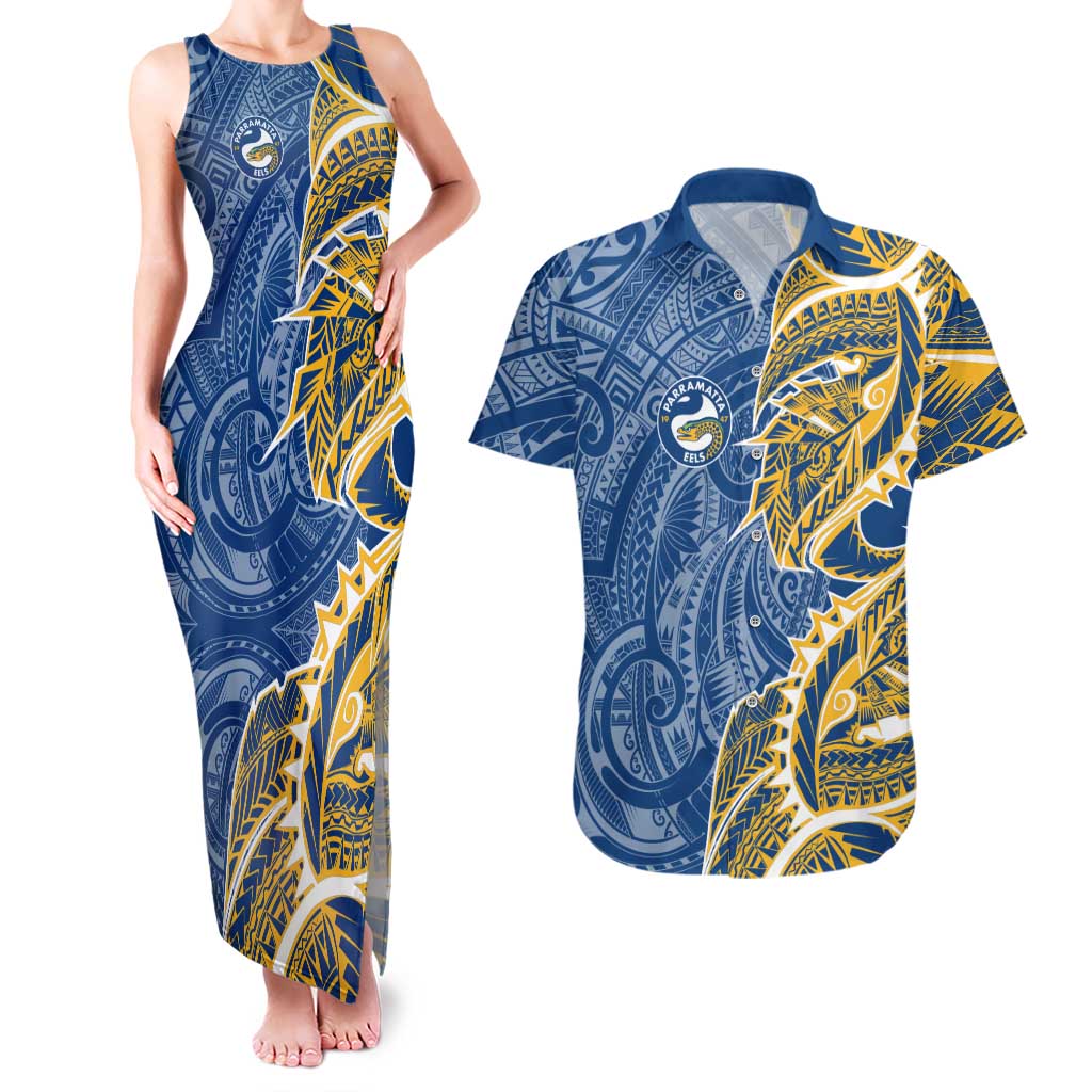 Parramatta Eels Couples Matching Tank Maxi Dress and Hawaiian Shirt Polynesian Tribal Tattoo Pacific Sport Art