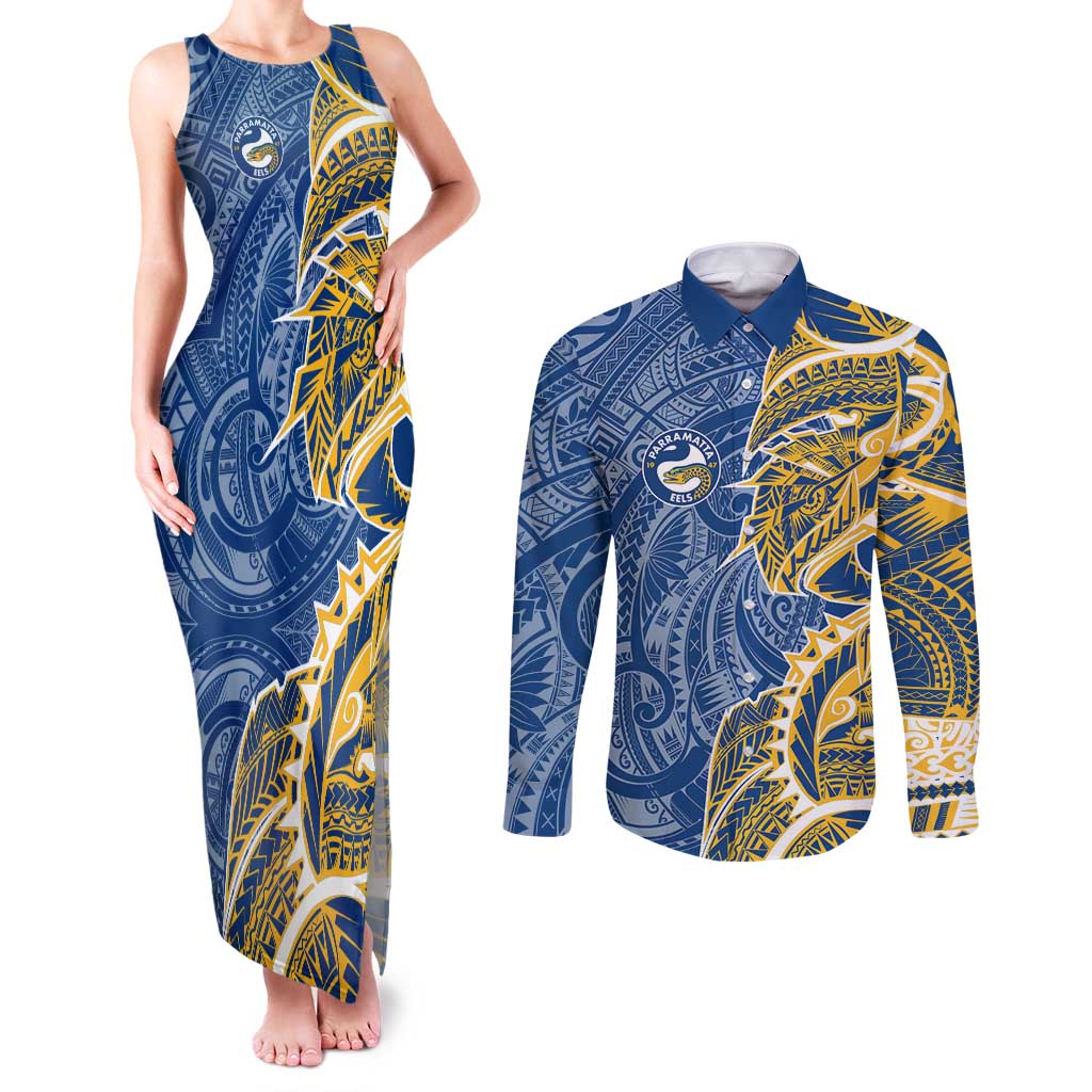 Parramatta Eels Couples Matching Tank Maxi Dress and Long Sleeve Button Shirt Polynesian Tribal Tattoo Pacific Sport Art