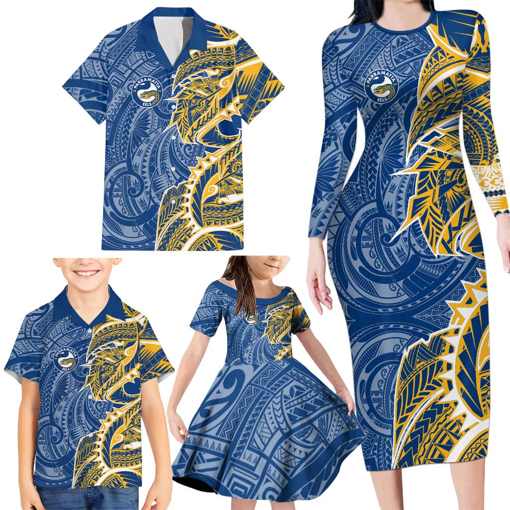Parramatta Eels Family Matching Long Sleeve Bodycon Dress and Hawaiian Shirt Polynesian Tribal Tattoo Pacific Sport Art