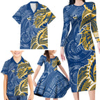 Parramatta Eels Family Matching Long Sleeve Bodycon Dress and Hawaiian Shirt Polynesian Tribal Tattoo Pacific Sport Art