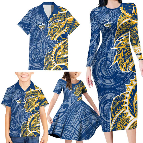 Parramatta Eels Family Matching Long Sleeve Bodycon Dress and Hawaiian Shirt Polynesian Tribal Tattoo Pacific Sport Art