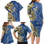 Parramatta Eels Family Matching Long Sleeve Bodycon Dress and Hawaiian Shirt Polynesian Tribal Tattoo Pacific Sport Art