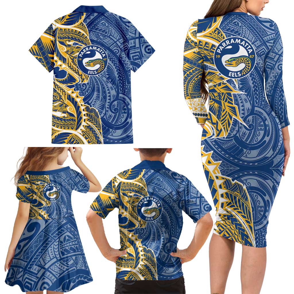 Parramatta Eels Family Matching Long Sleeve Bodycon Dress and Hawaiian Shirt Polynesian Tribal Tattoo Pacific Sport Art