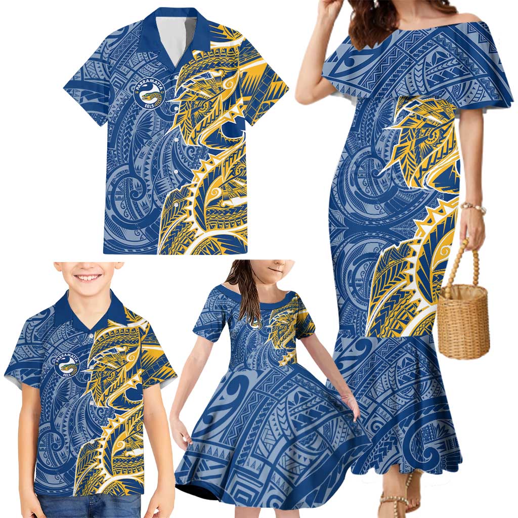 Parramatta Eels Family Matching Mermaid Dress and Hawaiian Shirt Polynesian Tribal Tattoo Pacific Sport Art