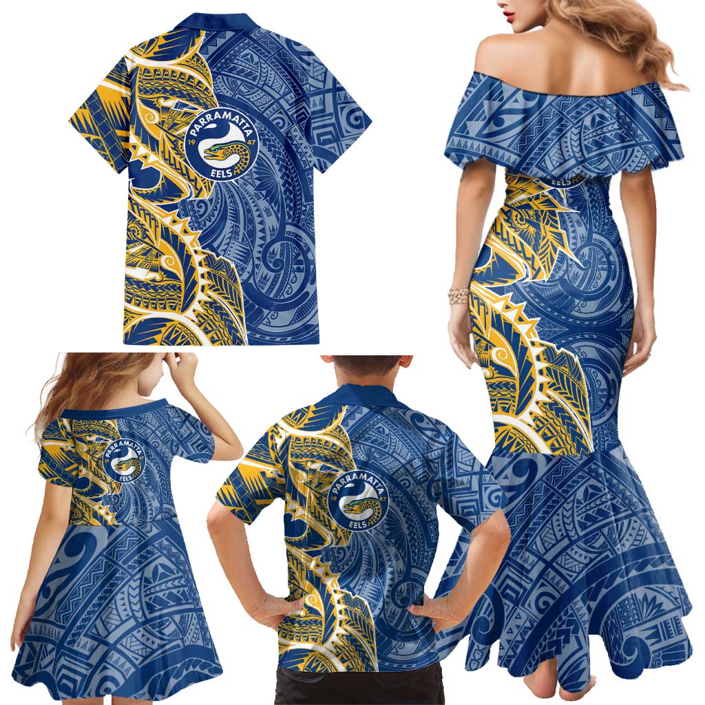 Parramatta Eels Family Matching Mermaid Dress and Hawaiian Shirt Polynesian Tribal Tattoo Pacific Sport Art